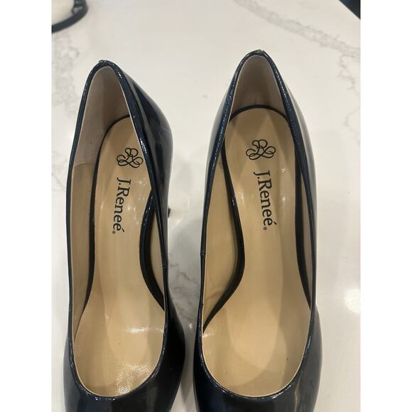 J.‎ RENEE Carrara Sz 7.5 M Navy Pointed Toe Gold High Heels Pumps Patent Leather - Picture 7 of 11